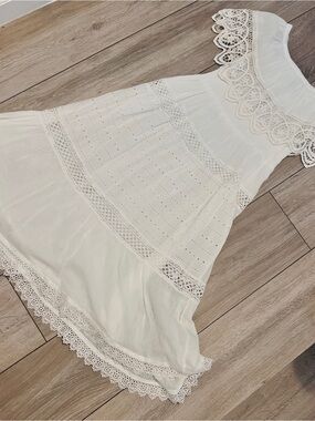 Women's White Eyelet Midi Dress with Lace Trim - perfect for Greece